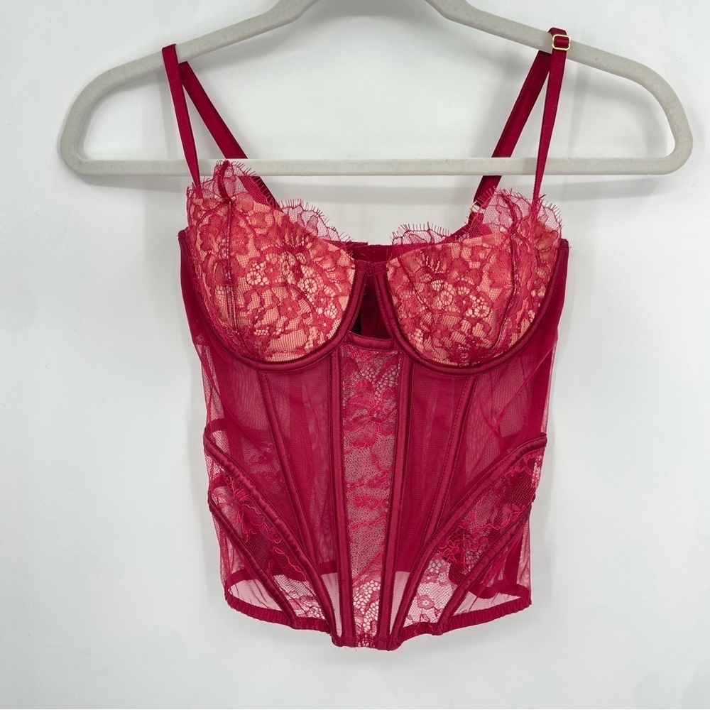 Victoria’s Secret Sheer Lace Lingerie Corset top Red Burgundy Size 36C